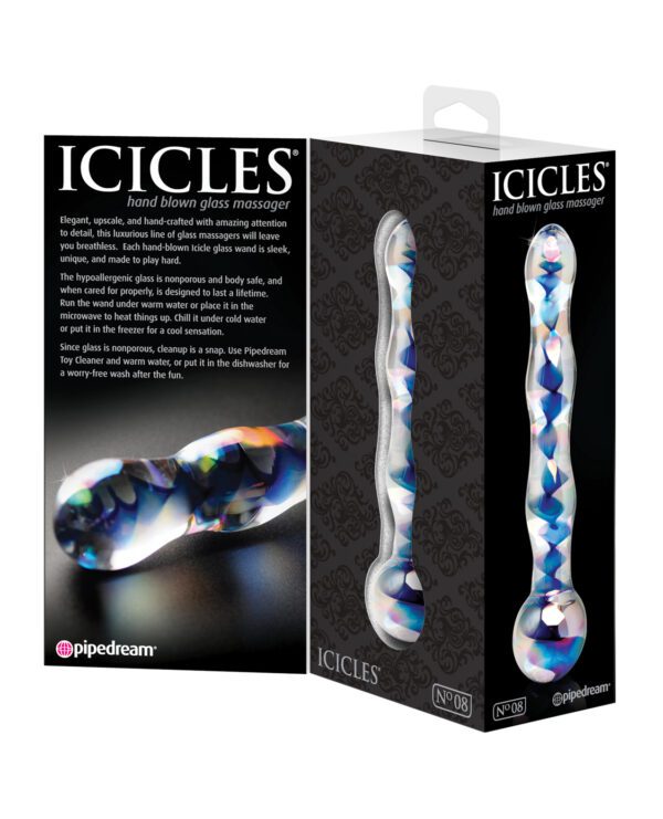 Icicles No. 8 Hand Blown Glass Massager - Clear w/Inside Blue Swirls - Image 2