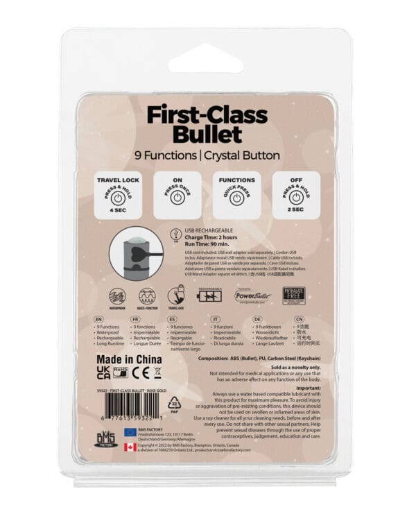 First Class Mini Rechargeable Bullet w/Crystal - 9 Functions Rose Gold - Image 2