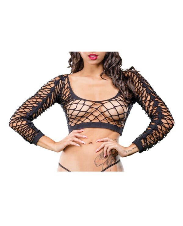 Beverly Hills Naughty Girl Crotchless Front Mesh & Side Design Leggings Black O/S - Image 2