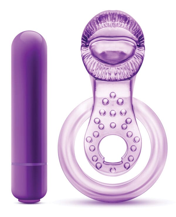 Blush Play With Me Lick it Vibrating Double Strap Cockring - Purple - Image 4