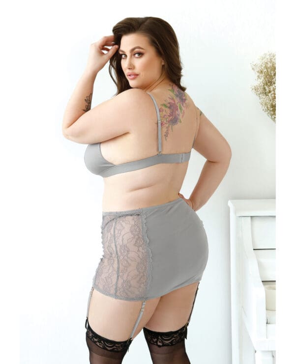 Curve Layne Lace & Microfiber Bralette w/Garter Skirt & G-String Gray 3X/4X - Image 2