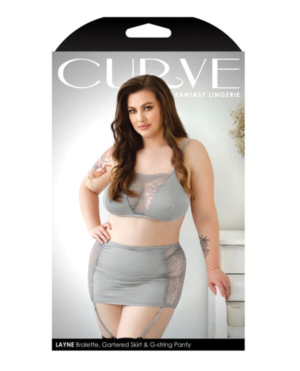 Curve Layne Lace & Microfiber Bralette w/Garter Skirt & G-String Gray 3X/4X - Image 3