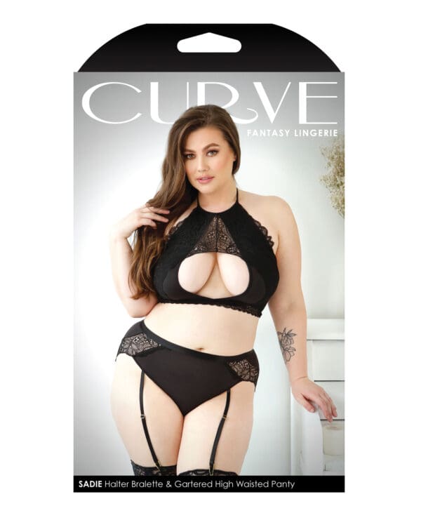 Curve Sadie Lace Overlay Keyhole Halter Top & Gartered Panty Black 1X/2X - Image 3
