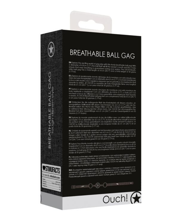Shots Ouch Breathable Ball Gag w/Denim Straps - Black - Image 2