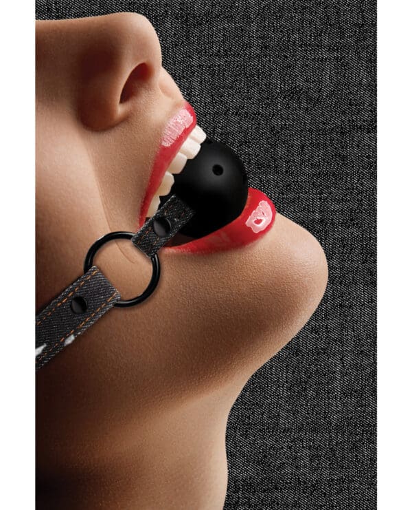 Shots Ouch Breathable Ball Gag w/Denim Straps - Black - Image 5