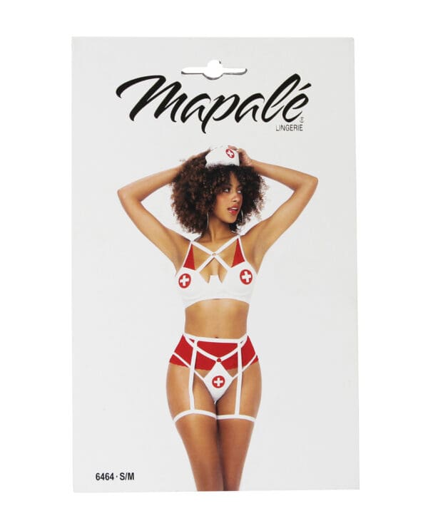 3 pc Nurse Underwire Top, Open Back Bottom w/Attached Garterbelt, & Head Piece Red/Wht - Image 3
