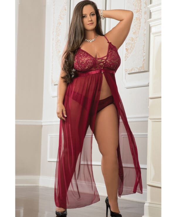Empire Waist Laced Sheer Long Dress & Panty Mulled Wine QN - Image 2