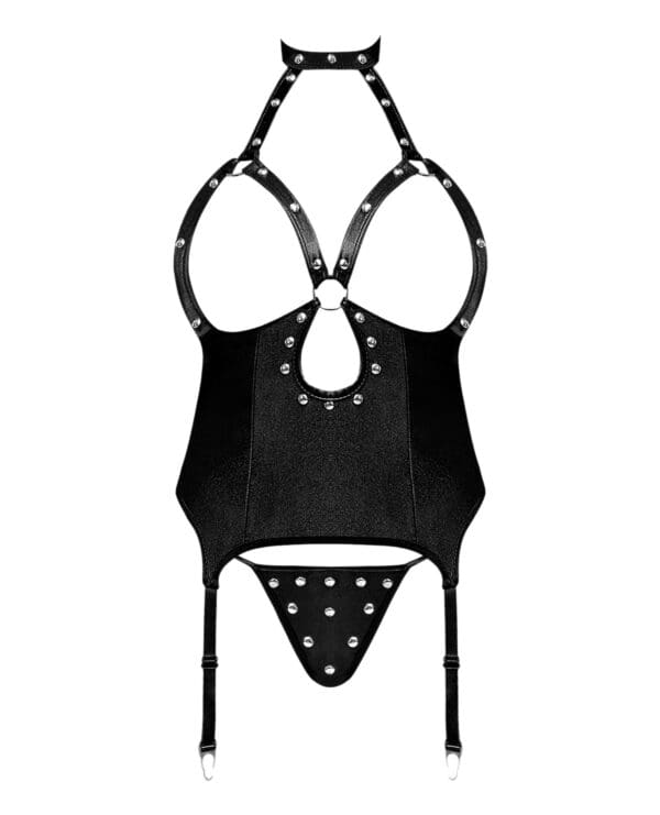 Lust Mistress Cupless Corset w/Velcro Choker Collar, Metal Garters & G-String Black L/XL - Image 4