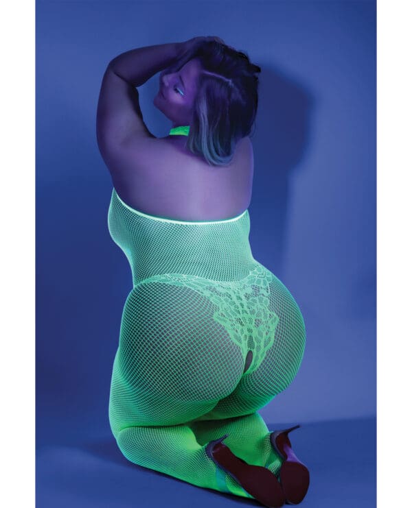 Glow Black Light Crotchless Bodystocking Neon Green QN - Image 2