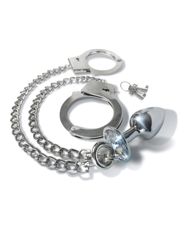 Nixie Metal Butt Plug w/Inlaid Jewel & Fur Cuff Set - Silver Metallic - Image 2