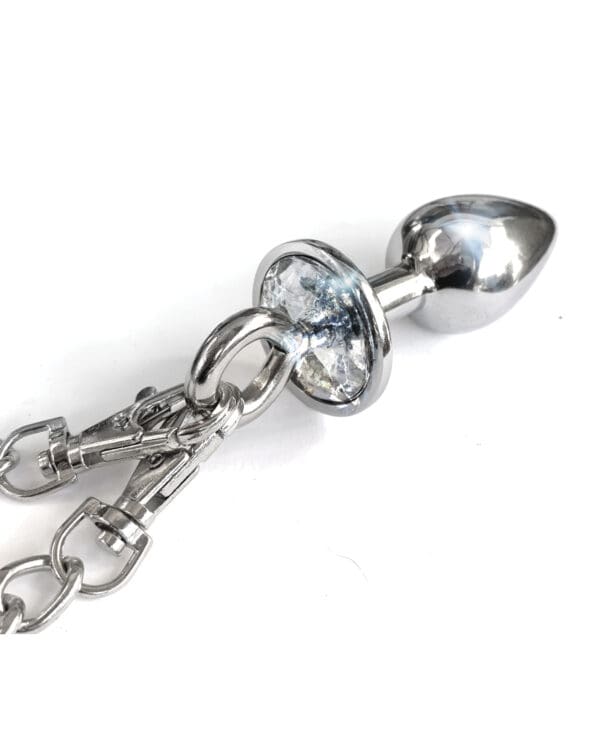 Nixie Metal Butt Plug w/Inlaid Jewel & Fur Cuff Set - Silver Metallic - Image 3