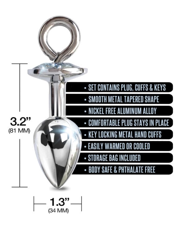 Nixie Metal Butt Plug w/Inlaid Jewel & Fur Cuff Set - Silver Metallic - Image 5