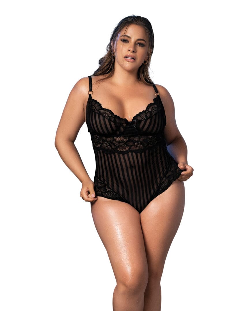 Shadow Stripe & Lace Teddy w/Hook & Eye Closure Black 2X/3X