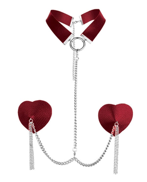 Nipplicious Dominatrix Leather Collar & Pasties w/Chain - Red