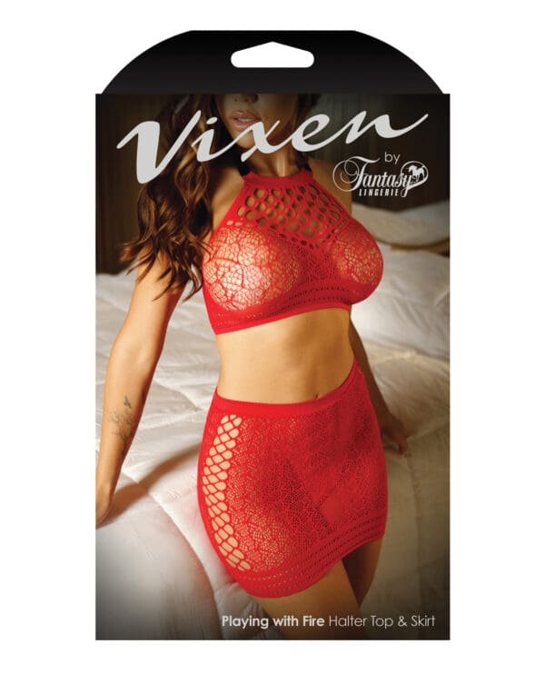 Vixen High Neck Halter Net Top & Tie Back Skirt Red L/XL - Image 3