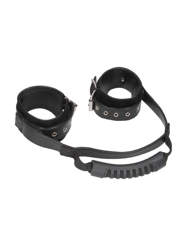 Shots Ouch Black & White Bonded Leather Hand Cuffs w/Handle - Black - Image 3