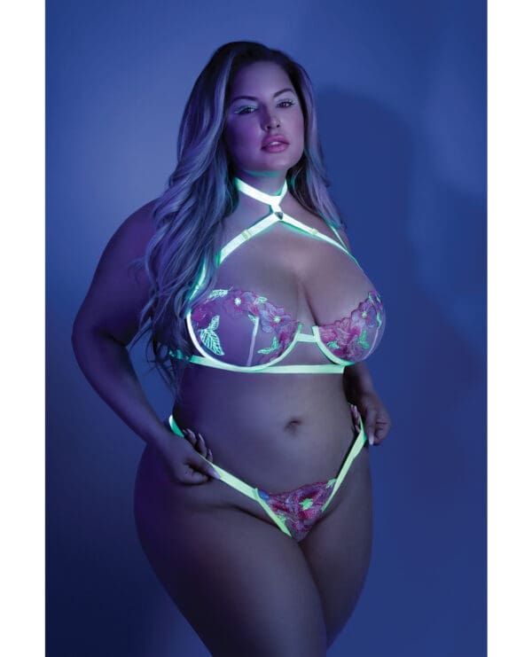 Glow Black Light Embroidered Harness Bra, Leg Garterbelt & G-String Neon Chartreuse QN - Image 2