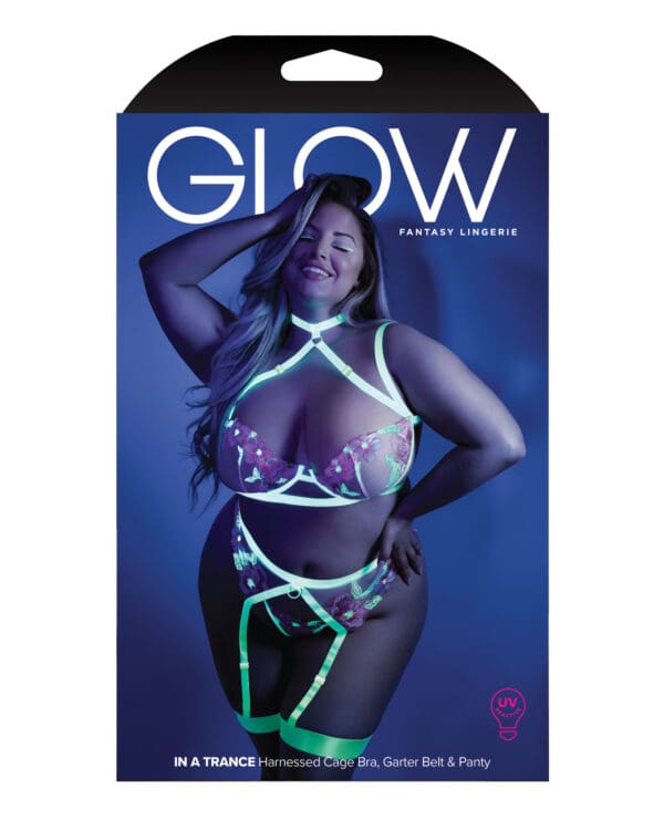 Glow Black Light Embroidered Harness Bra, Leg Garterbelt & G-String Neon Chartreuse QN - Image 4