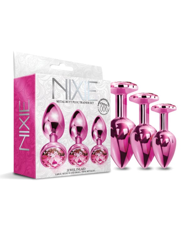 Nixie Metal Butt Plug Trainer Set w/Inlaid Jewel - Pink Metallic - Image 2