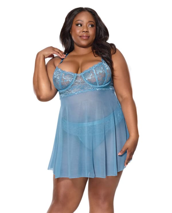 Floral Lace and Mesh Babydoll w/Underwire Cups & High-Waist Thong 2 pc Set - Blue 3X/4X