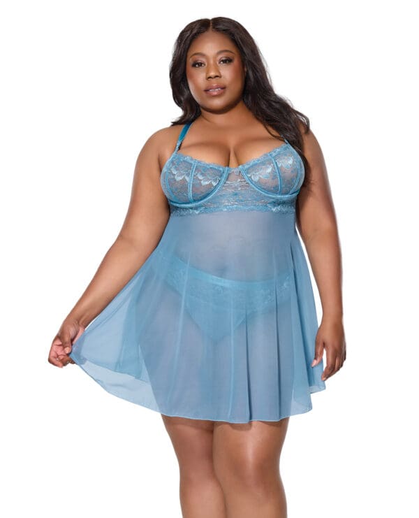 Floral Lace and Mesh Babydoll w/Underwire Cups & High-Waist Thong 2 pc Set - Blue 3X/4X - Image 2