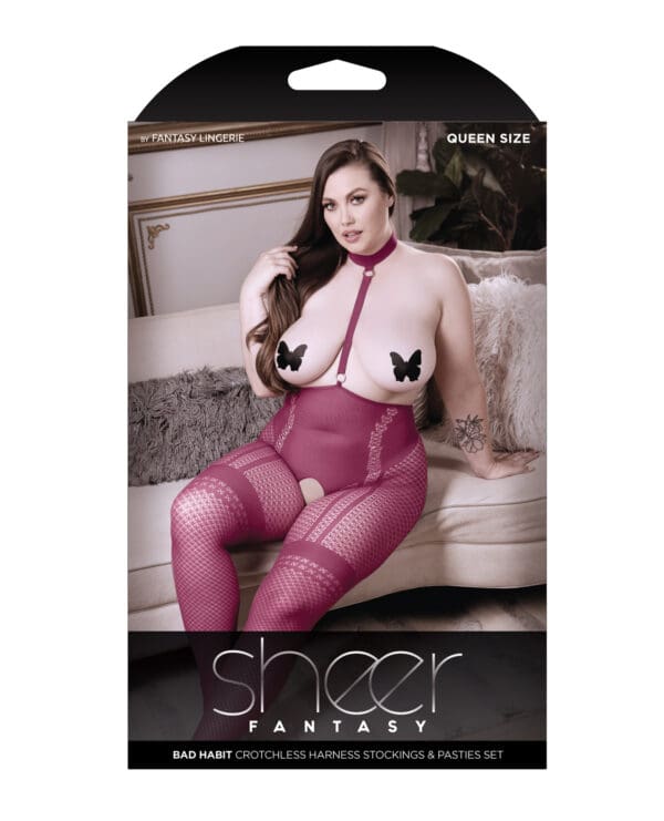 Sheer Fantasy Bad Habit Choker Harness Stocking w/Butterfly Pasties Magenta QN - Image 3