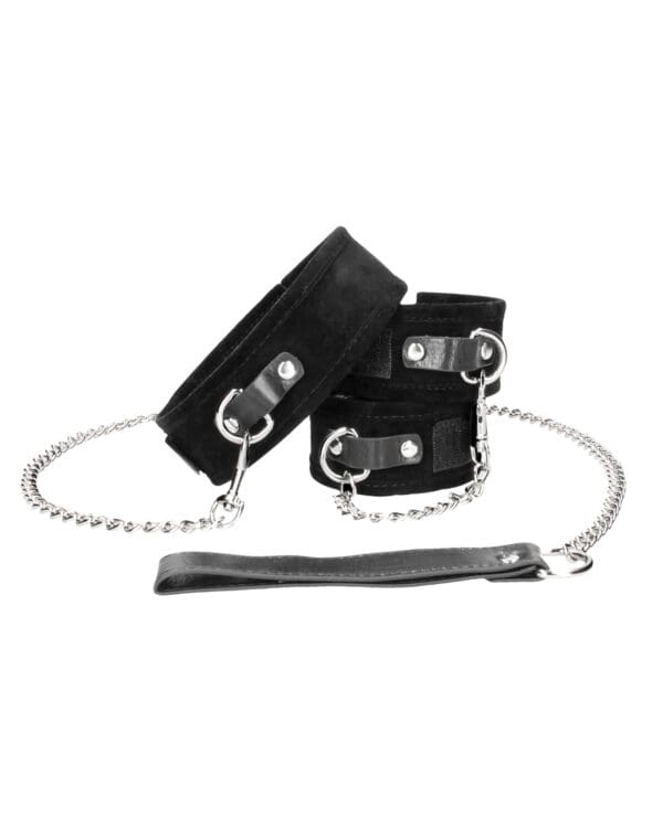 Shots Ouch Black & White Velcro Collar w/Leash & Hand Cuffs - Black - Image 3