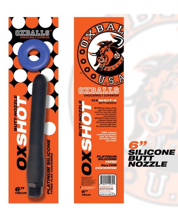 Oxballs Oxshot 6" Silicone Butt Nozzle w/Flex Cockring - Black/Blue - Image 2