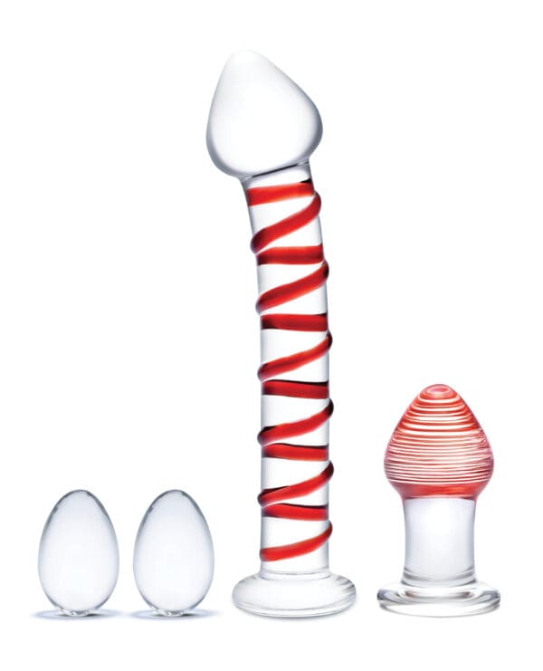 Glas 4 pc Mr. Swirly Set w/Glass Kegel Balls & 3.25" Butt Plug - Red - Image 2