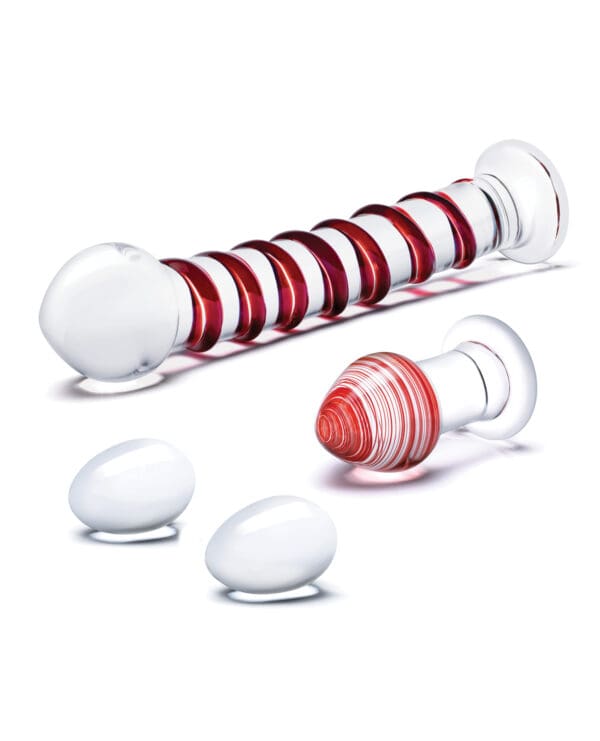 Glas 4 pc Mr. Swirly Set w/Glass Kegel Balls & 3.25" Butt Plug - Red - Image 3