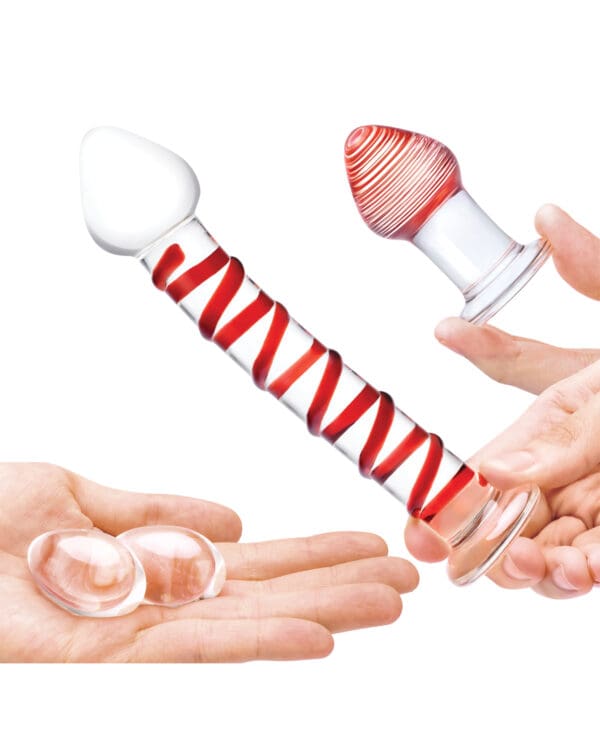 Glas 4 pc Mr. Swirly Set w/Glass Kegel Balls & 3.25" Butt Plug - Red - Image 4