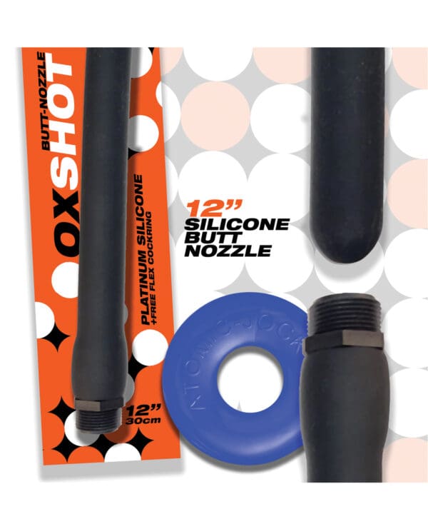 Oxballs Oxshot 12" Silicone Butt Nozzle w/Flex Cockring - Black/Blue - Image 2