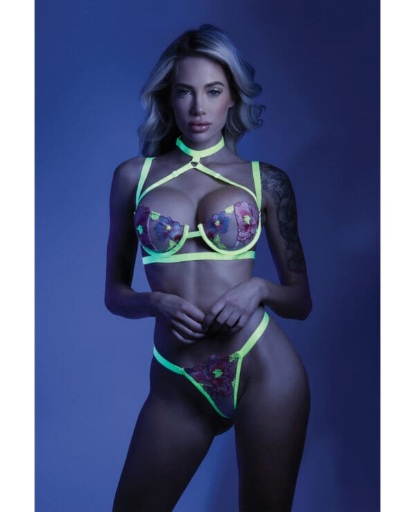 Glow Black Light Embroidered Harness Bra, Leg Garterbelt & G-String Neon Chartreuse S/M - Image 2