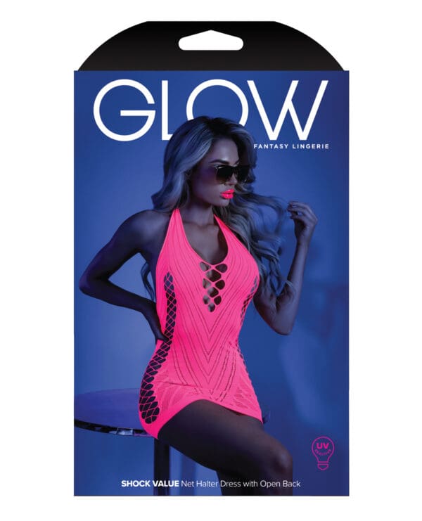 Glow Black Light Net Halter Dress Neon Pink O/S - Image 3