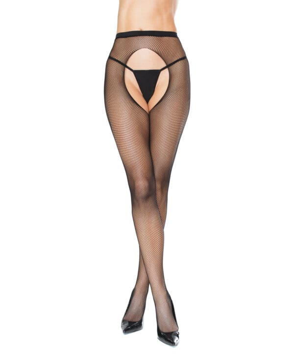 Fishnet Natural Waist Crotchless Pantyhose Black O/S - Image 2