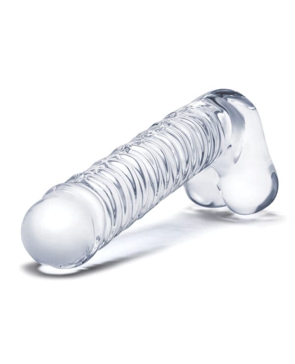 Glas 8" Realistic Ribbed Glass G-Spot Dildo w/Balls - Clear - Image 3