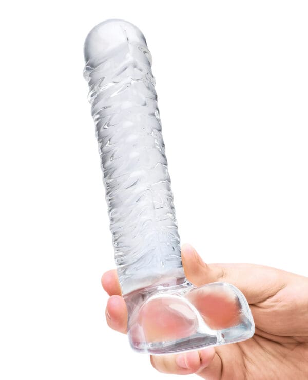 Glas 8" Realistic Ribbed Glass G-Spot Dildo w/Balls - Clear - Image 4