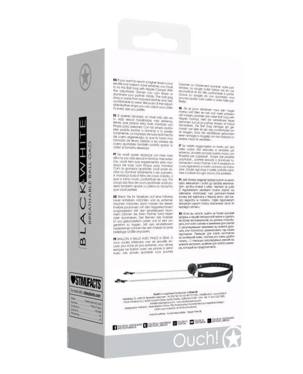 Shots Ouch Black & White Breathable Ball Gag w/Nipple Clamps - Black - Image 2