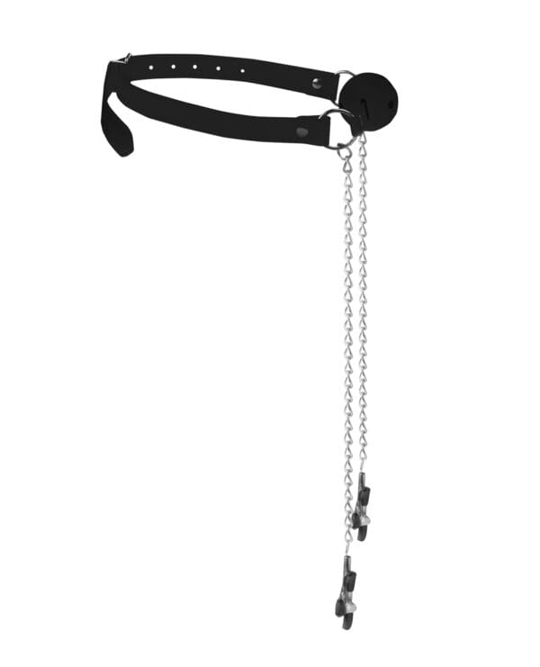 Shots Ouch Black & White Breathable Ball Gag w/Nipple Clamps - Black - Image 3