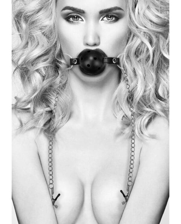 Shots Ouch Black & White Breathable Ball Gag w/Nipple Clamps - Black - Image 5