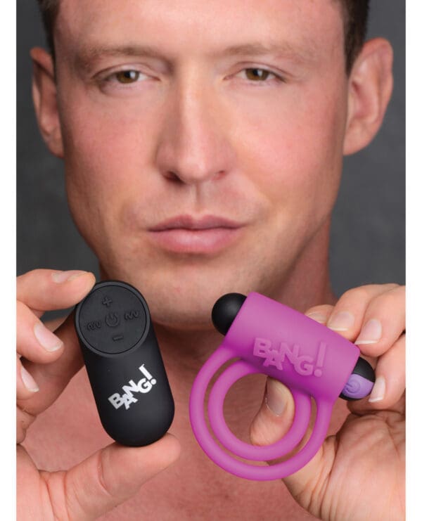 Bang! Vibrating Cock Ring & Bullet w/Remote Control - Purple - Image 5