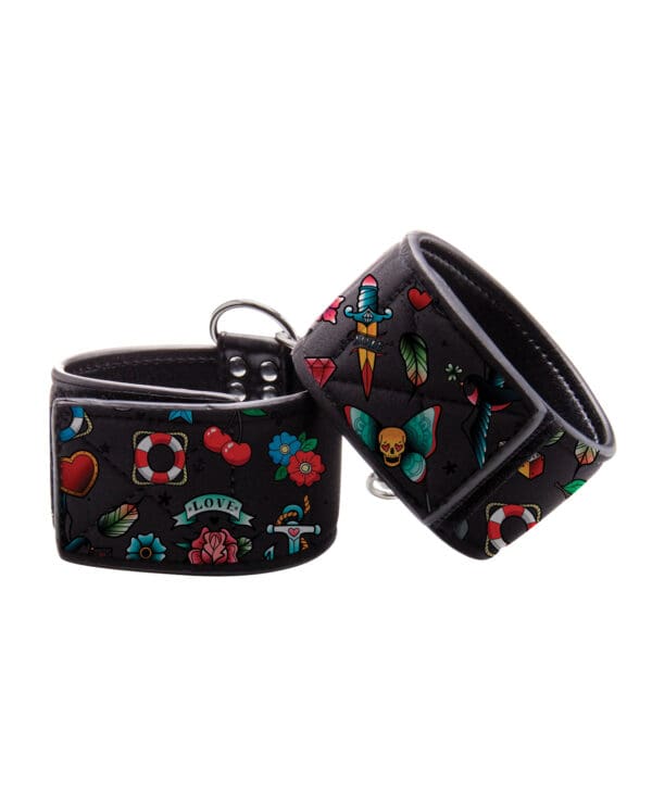 Shots Ouch Old School Tattoo Style Printed Hand Cuffs- Black - Image 3