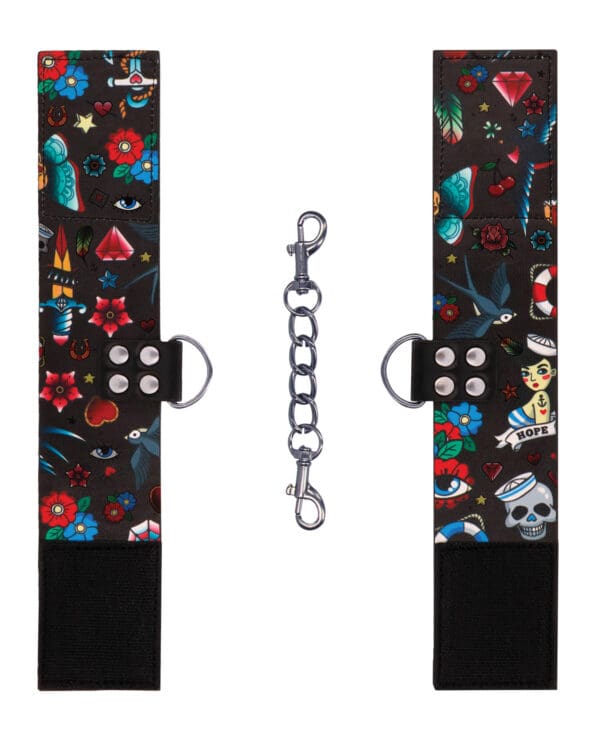 Shots Ouch Old School Tattoo Style Printed Hand Cuffs- Black - Image 4