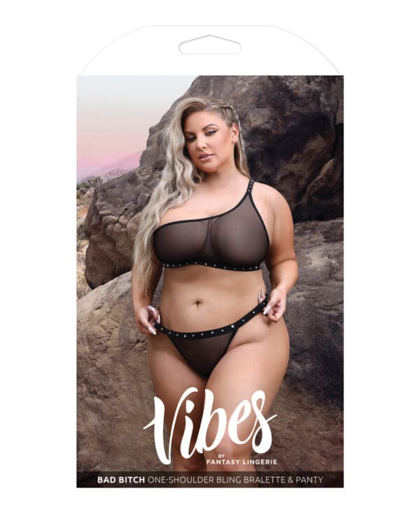 Vibes Bad Bitch One Shoulder Bling Bralette & Panty Black QN - Image 3