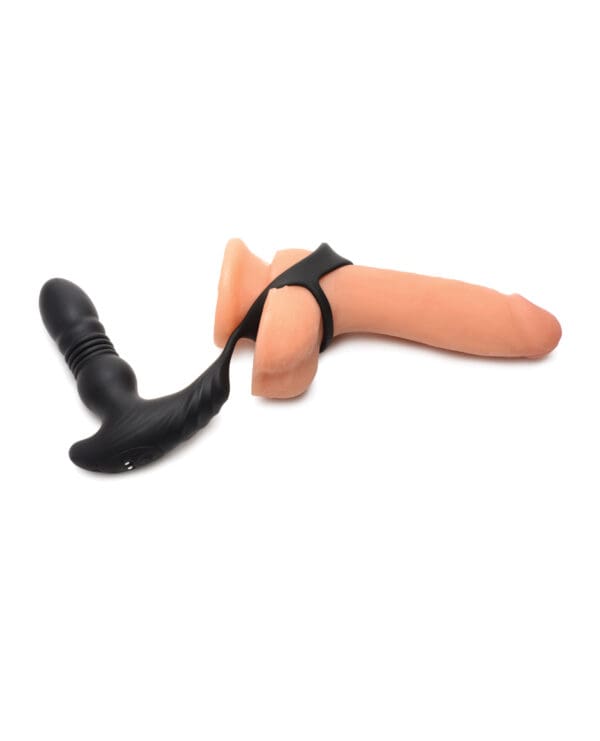 ThunderPlugs 10X Thrusting Silicone Vibrator w/Cock & Ball Strap & Remote - Black - Image 4