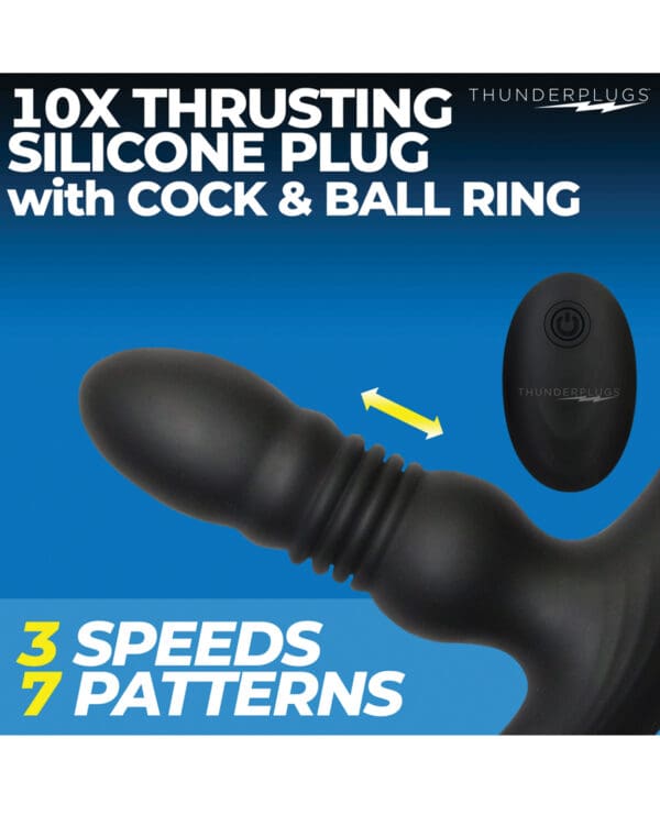 ThunderPlugs 10X Thrusting Silicone Vibrator w/Cock & Ball Strap & Remote - Black - Image 5