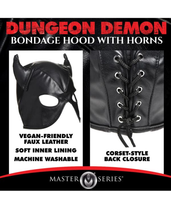 Master Series Dungeon Demon Bondage Hood w/Horns - Black - Image 5