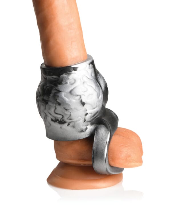 Creature Cocks Night Prowler Silicone Penis Sleeve & Ball Stretcher - Medium, Silver/Black - Image 4