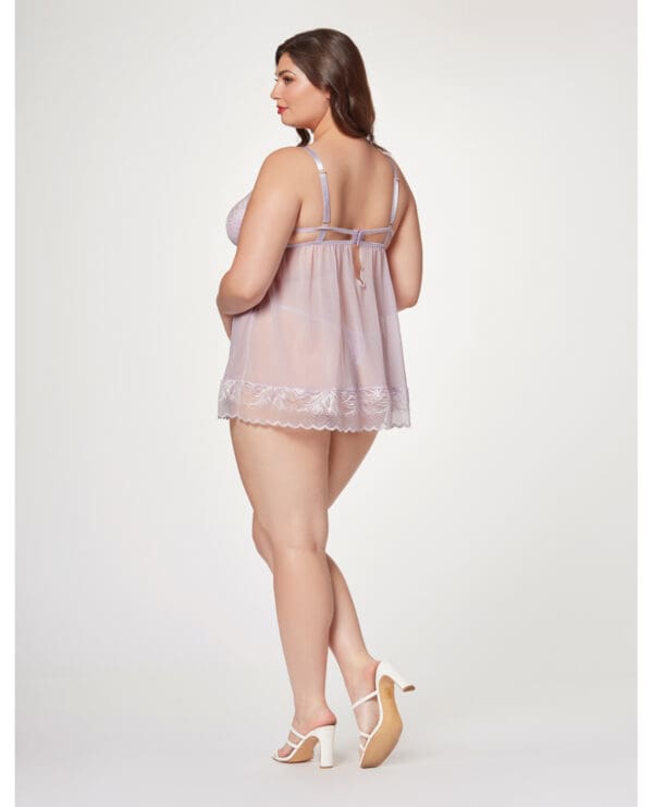 Sheer Mesh & Lace Demi Cup Babydoll & Thong Lavender 3X/4X - Image 2