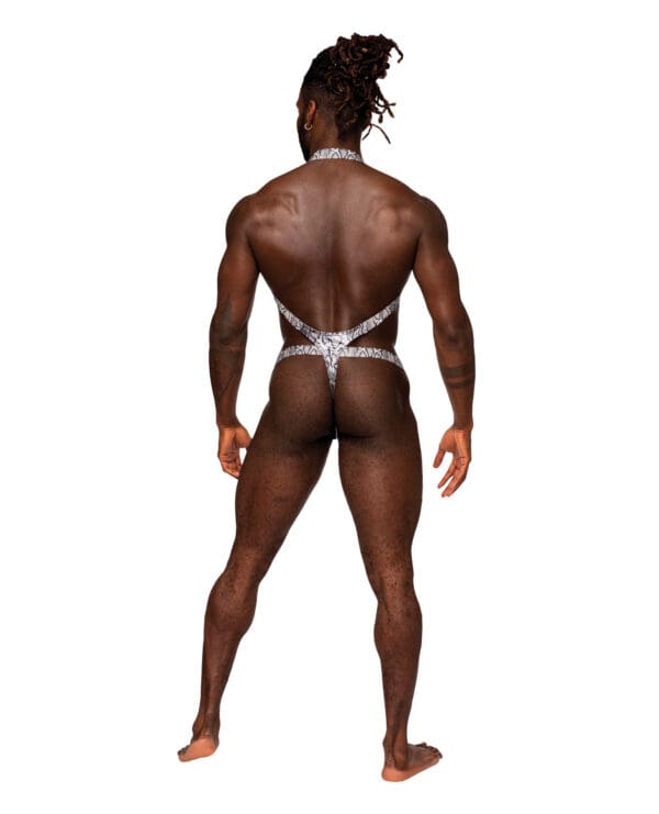 Snaked Metallic Coated Shoulder Sling Harness Thong Silver/Black S/M - Image 2